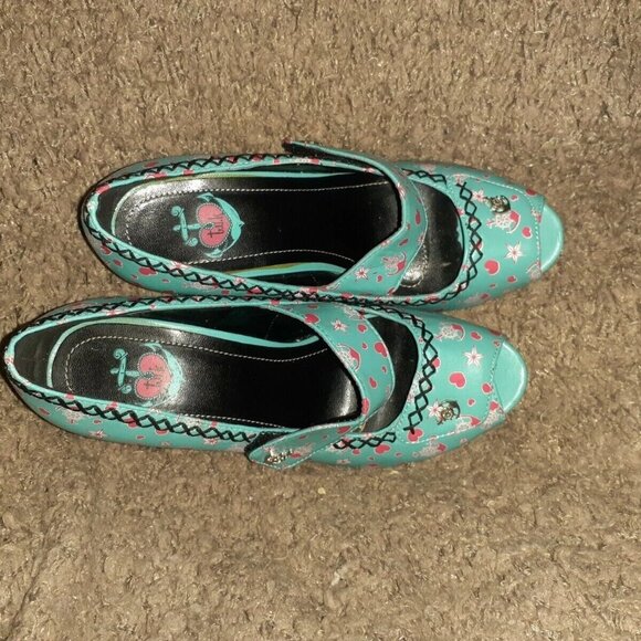 T.U.K. TUK-Rockabilly-Retro-Turquoise Mary Janes-Peep-Toe-Hearts/Anchors-Sz 7-EX - Picture 6 of 7